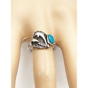 Sterling Silver Dolphin Ring Turquoise Cabochon Ocean Wave Boho Nautical SZ 5.75
